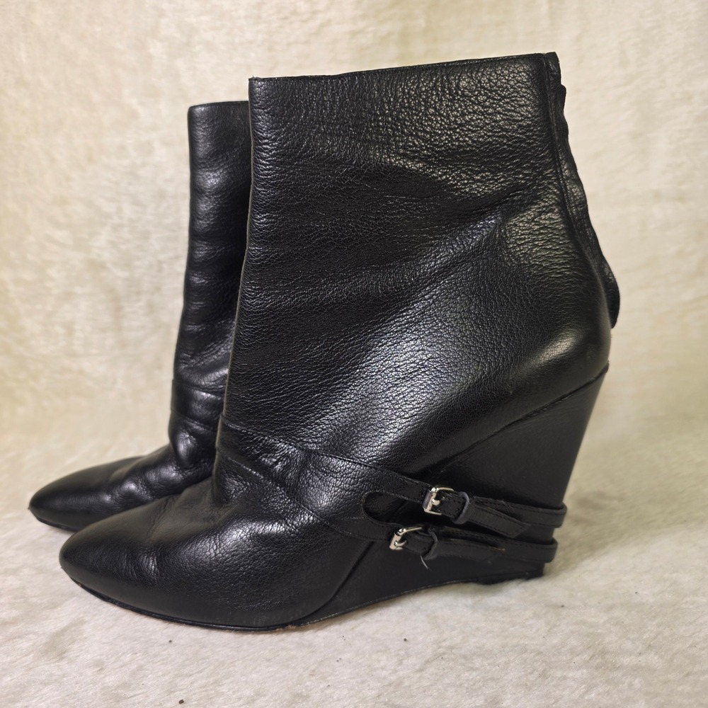 Elizabeth and James Reilly Wedge Booties Black Leather Double Buckles Women 9